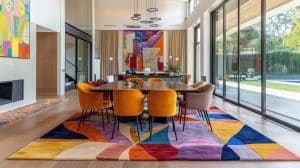 open-concept dining space showcases a vibrant, abstract rug that draws inspiration from circus motifs