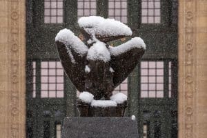 snowy kansas jayhawk statue