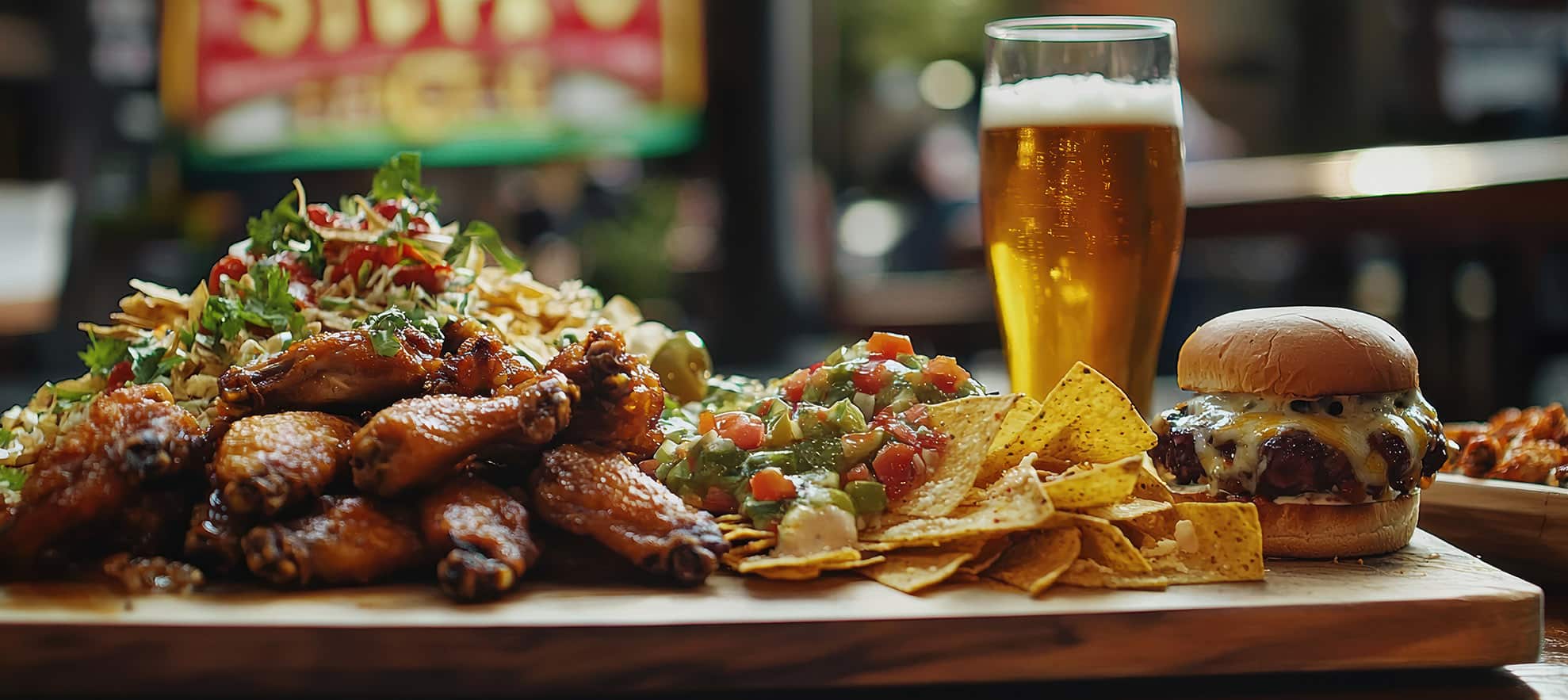 nachos, wings, beer, and sliders.